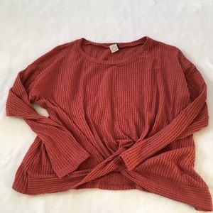 Waffle-Knit Front Knot Sweater